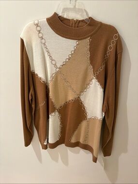 Alfred Dunner Chain-Print Turtleneck Sweater — Brown, Cream, Tan